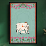 Cow and Calf with Lotus Border on Aqua in Sage