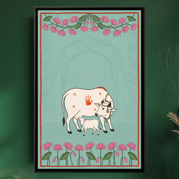Cow and Calf with Lotus Border on Aqua in Sage