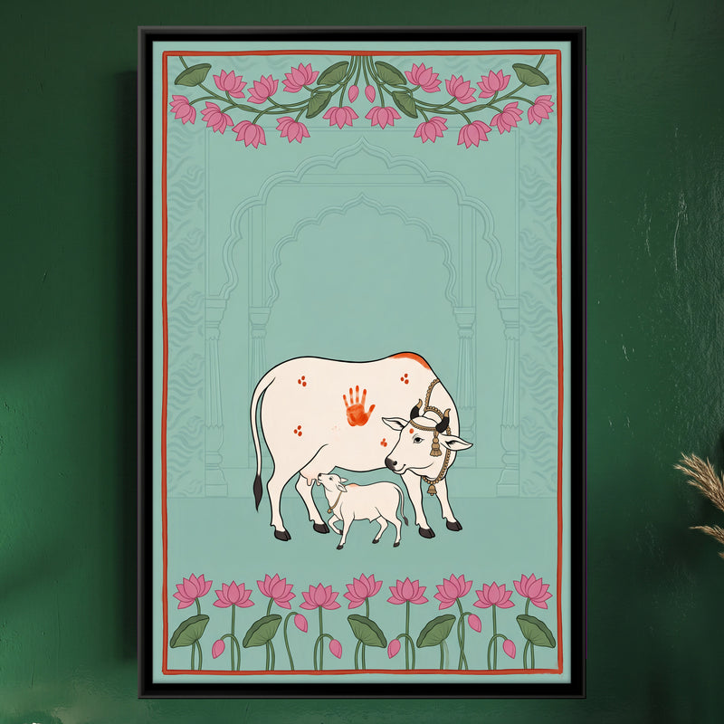 Gau Mata with Calf - framed canvas art hung on a wall