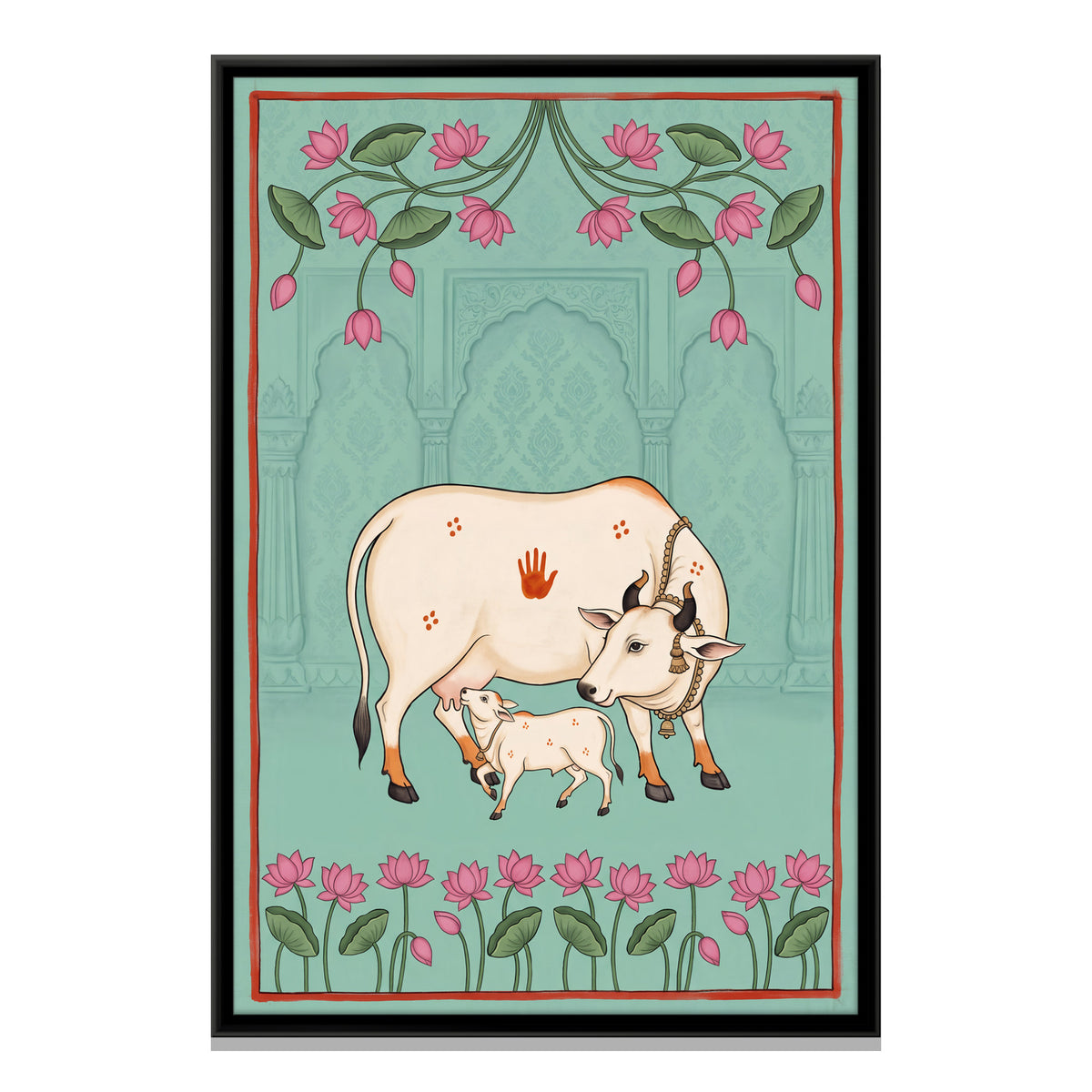 Gau Mata with Calf - framed canvas print, front view