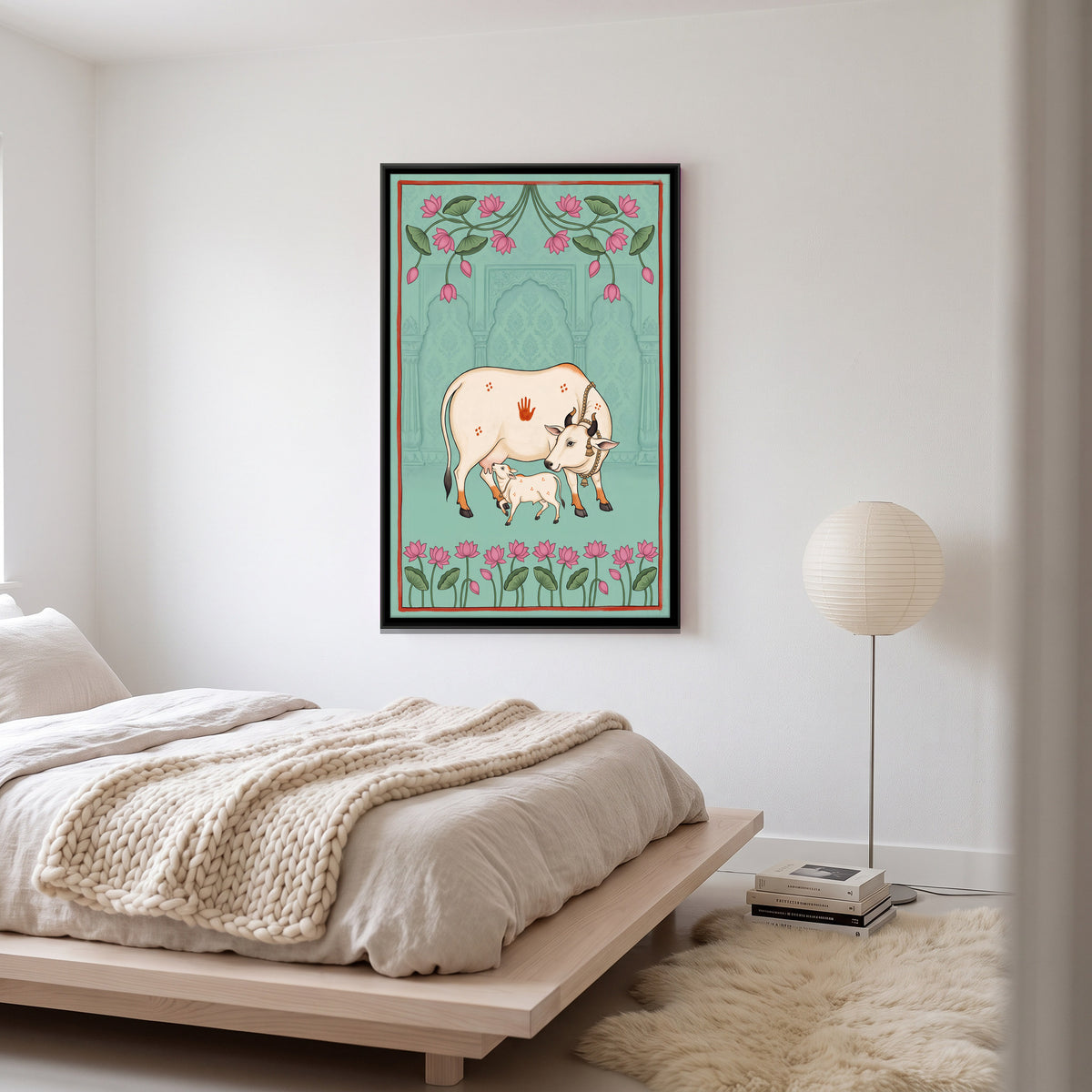 Gau Mata with Calf - canvas art shown in a styled room
