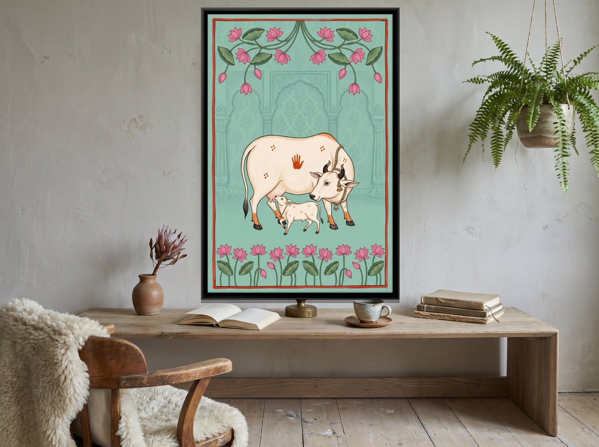 Gau Mata with Calf - canvas art shown in a second room setting