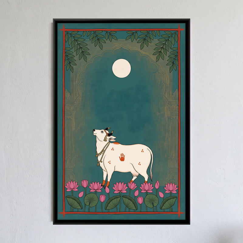 Gau Mata Beneath a Full Moon - framed canvas art hung on a wall