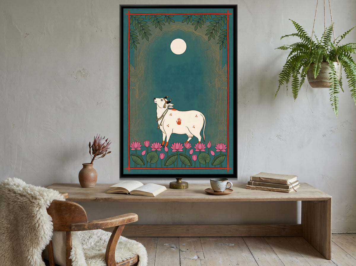 Gau Mata Beneath a Full Moon - canvas art shown in a second room setting