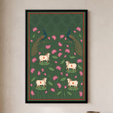 Peacocks and Cows Among Lotus Flowers