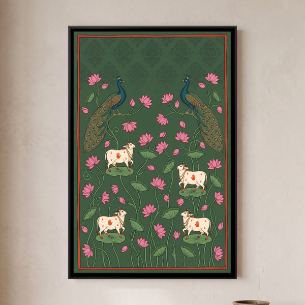 Peacocks and Cows Among Lotus Flowers