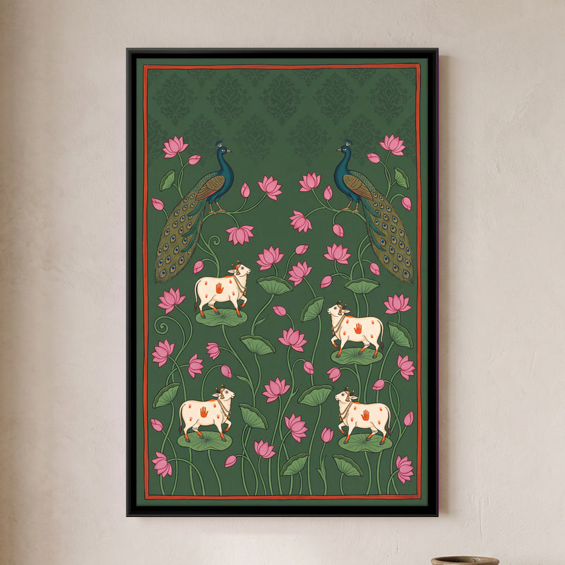 Peacocks and Cows Among Lotus - framed canvas art hung on a wall