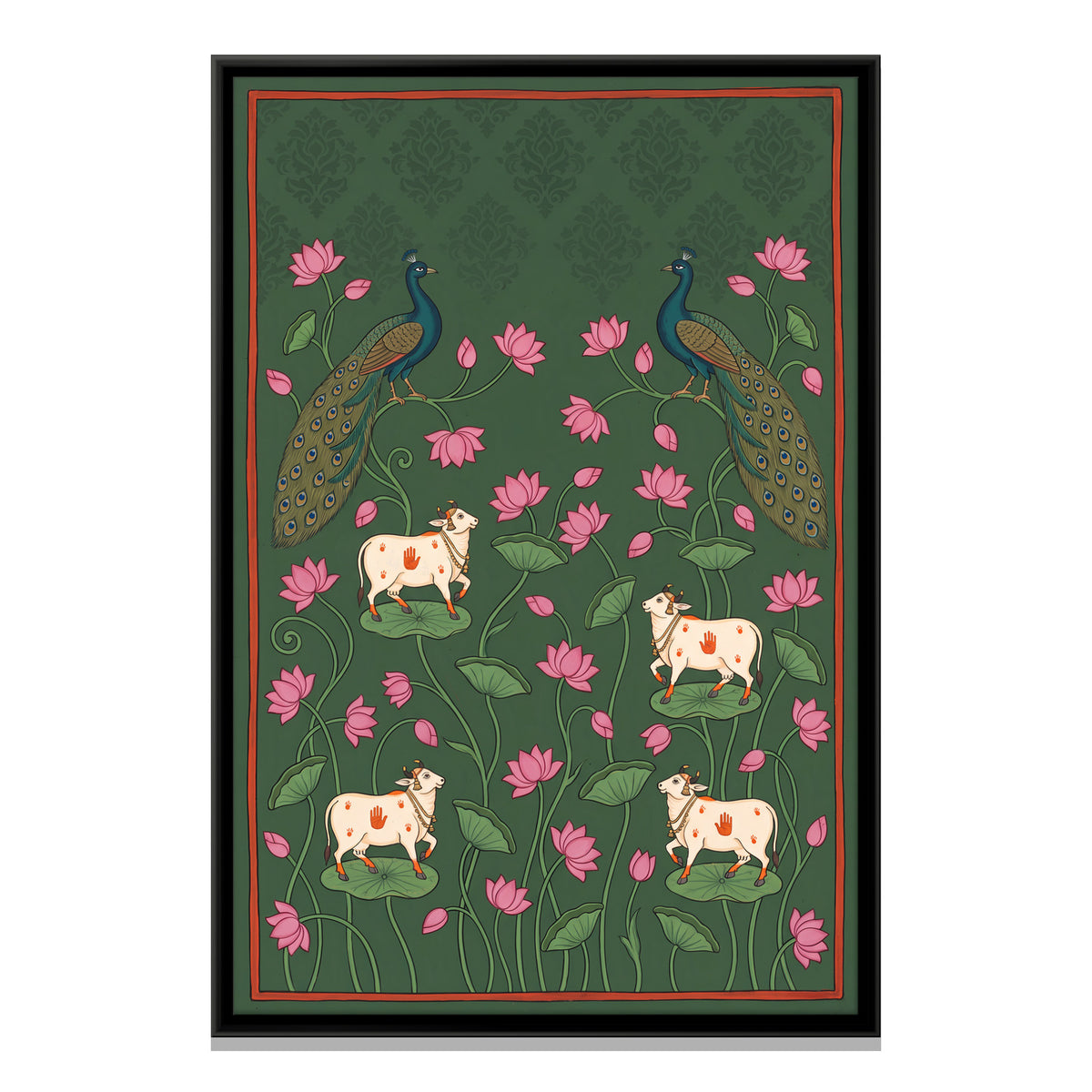 Peacocks and Cows Among Lotus - framed canvas print, front view