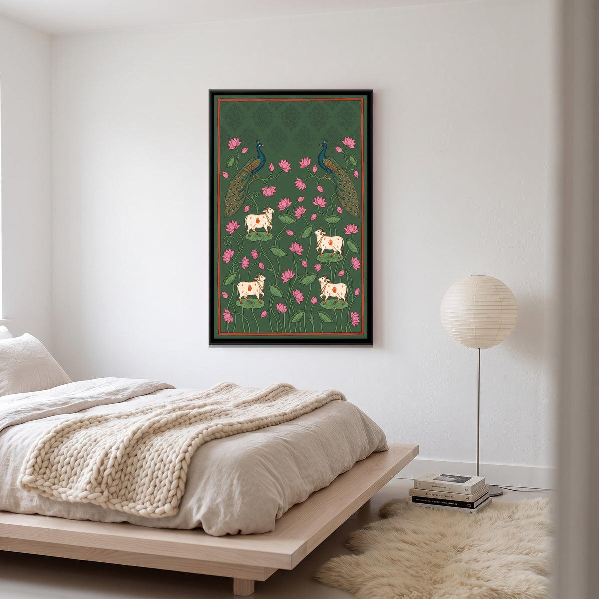 Peacocks and Cows Among Lotus - canvas art shown in a styled room