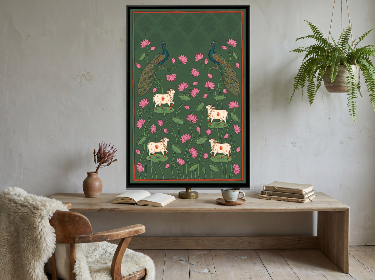 Peacocks and Cows Among Lotus - canvas art shown in a second room setting