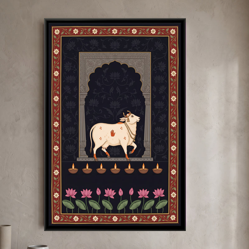 Gau Mata with Oil Lamps - framed canvas art hung on a wall