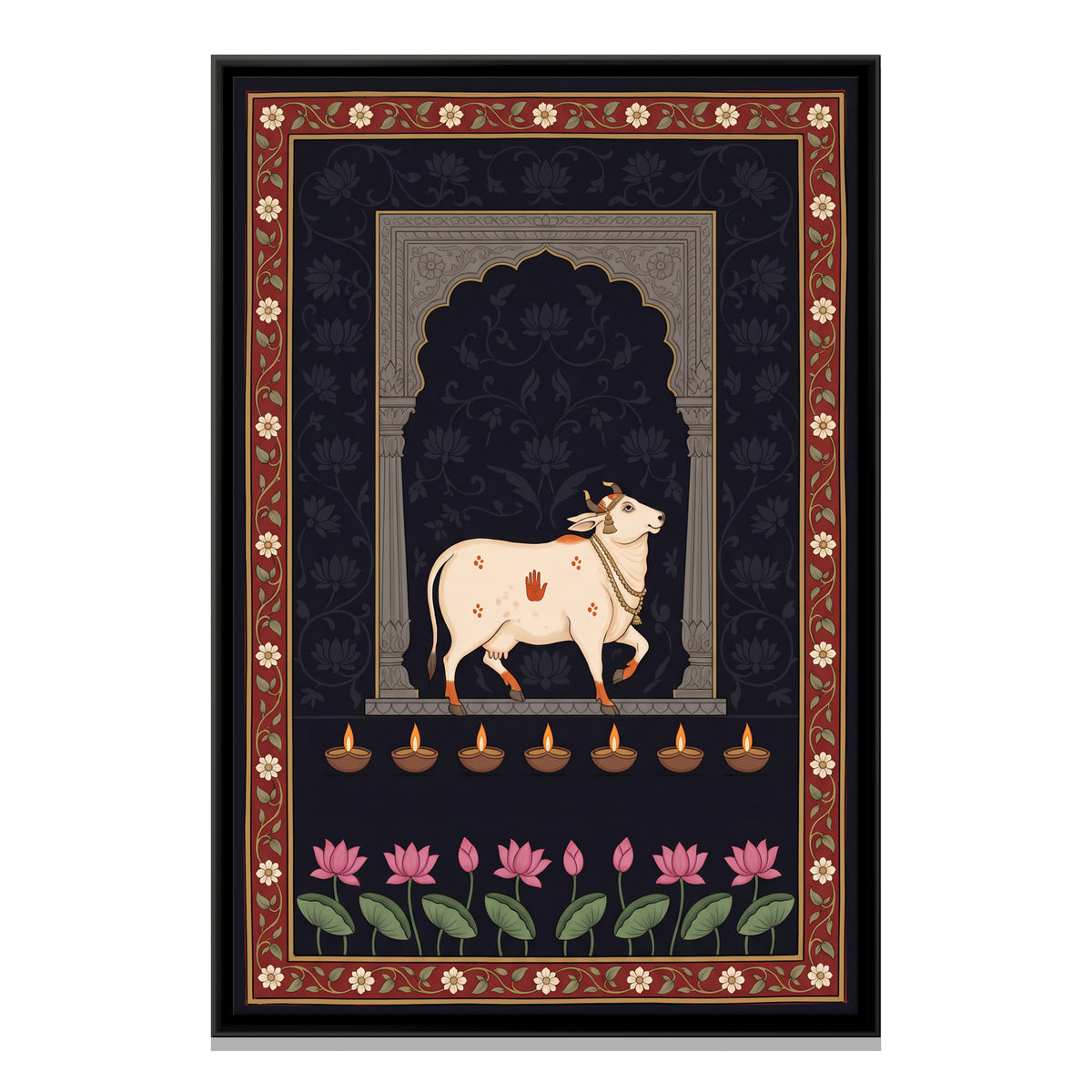 Gau Mata with Oil Lamps - framed canvas print, front view