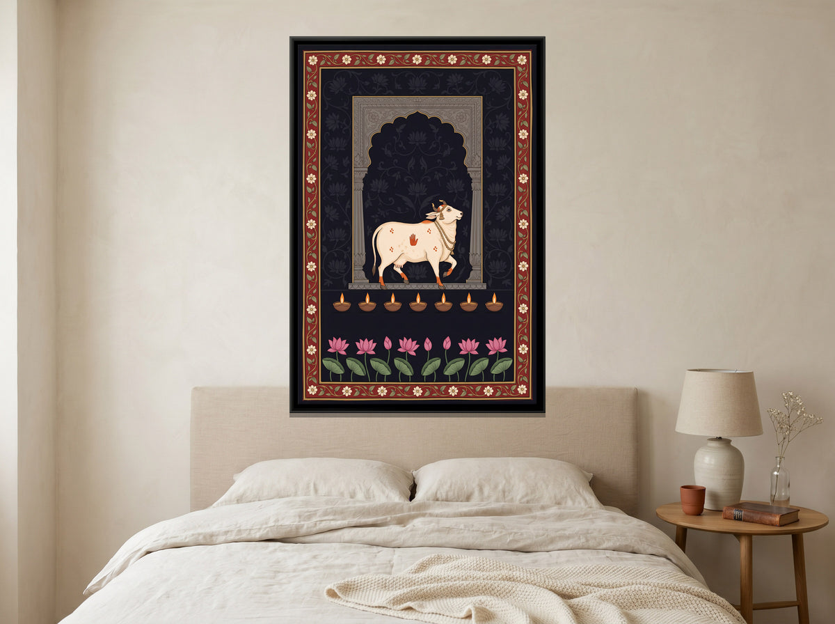 Gau Mata with Oil Lamps - canvas art shown in a styled room