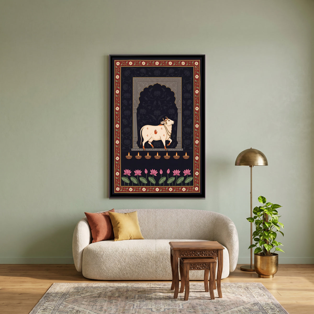 Gau Mata with Oil Lamps - canvas art shown in a second room setting
