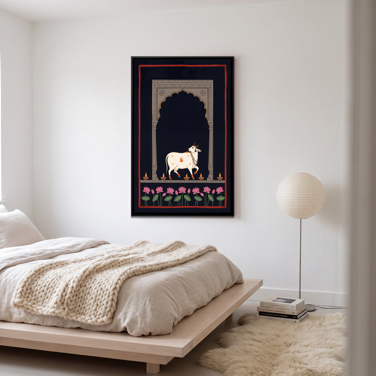 Gau Mata in a Lamplit Arch - canvas art shown in a styled room