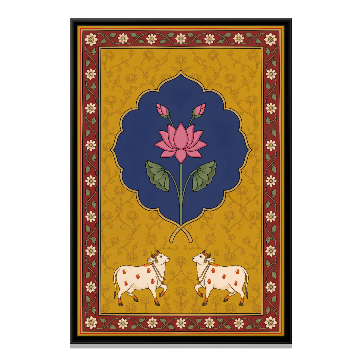 Lotus with Two Cows - framed canvas print, front view