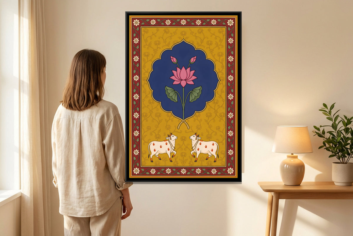 Lotus with Two Cows - canvas art shown in a styled room