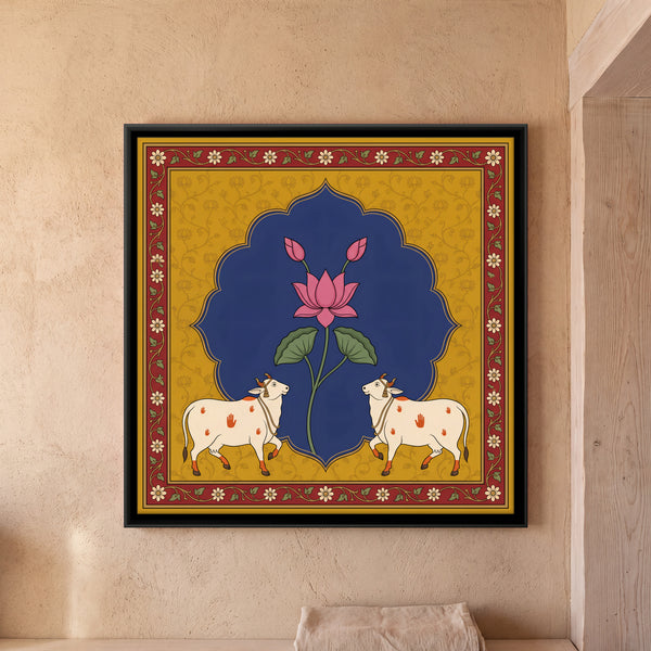 Lotus in Blue Cartouche with Two Cows Below in Terracotta, 1:1
