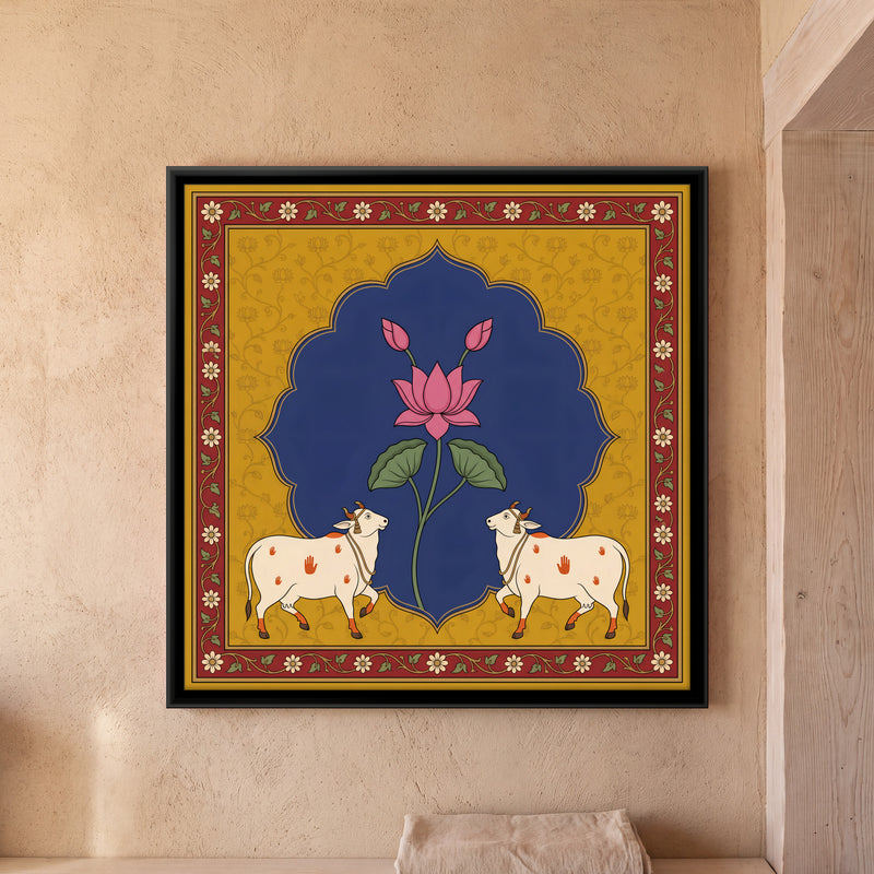 Lotus with Two Cows - framed canvas art hung on a wall