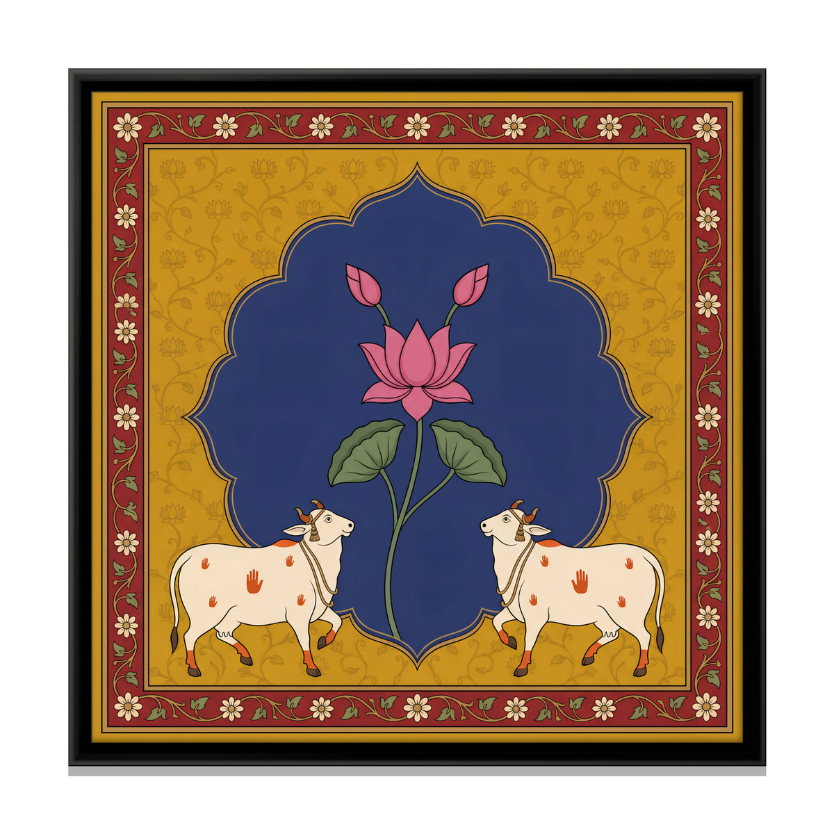 Lotus with Two Cows - framed canvas print, front view