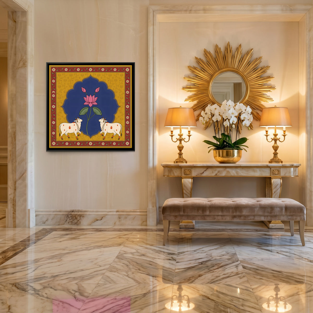 Lotus with Two Cows - canvas art shown in a second room setting