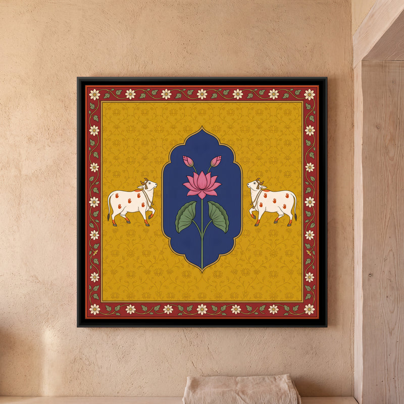 Lotus with Two Cows - framed canvas art hung on a wall