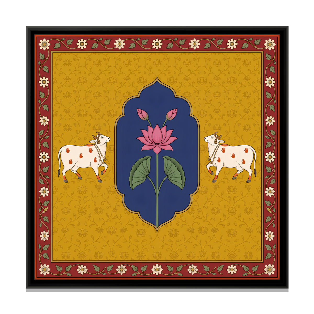 Lotus with Two Cows - framed canvas print, front view