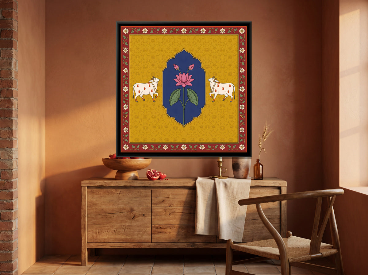 Lotus with Two Cows - canvas art shown in a styled room