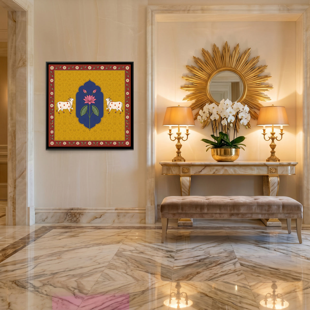 Lotus with Two Cows - canvas art shown in a second room setting