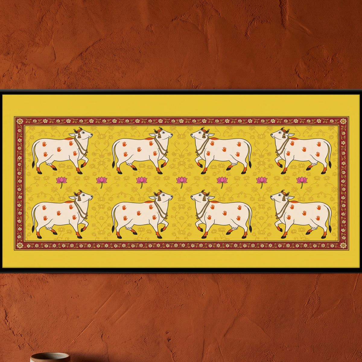 Rows of Cows with Lotus - framed canvas art hung on a wall