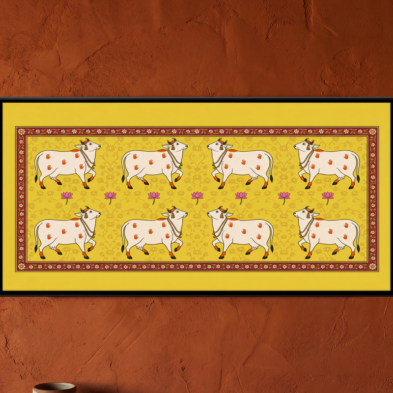 Rows of Cows with Lotus - framed canvas art hung on a wall
