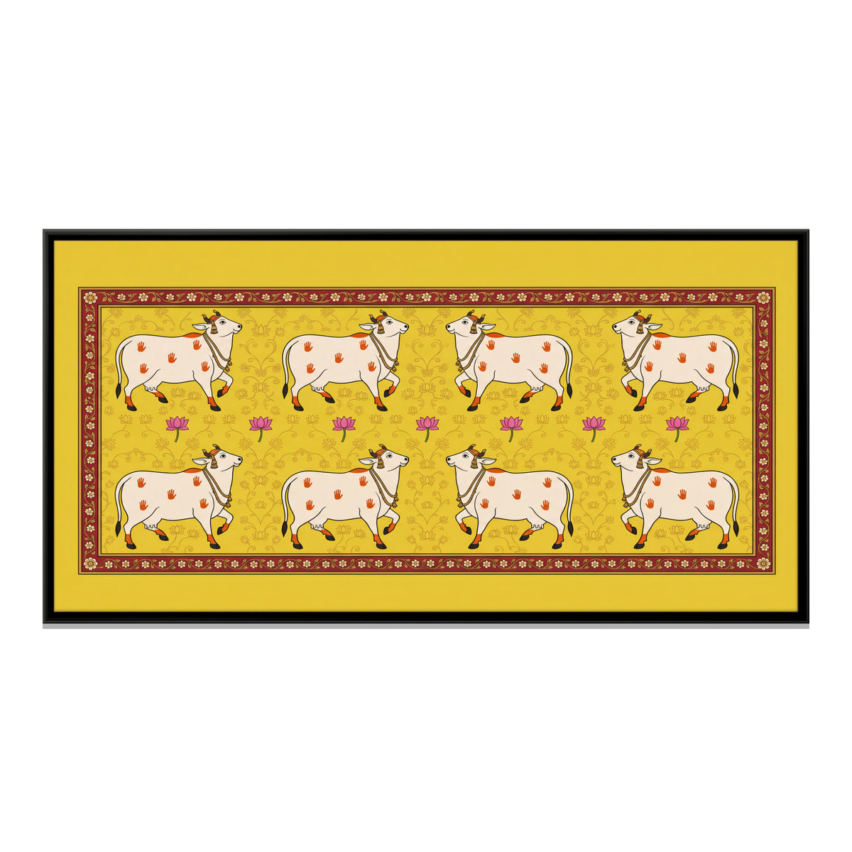 Rows of Cows with Lotus - framed canvas print, front view