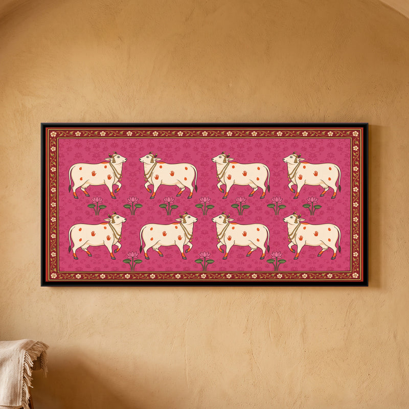 Rows of Cows with Lotus - framed canvas art hung on a wall