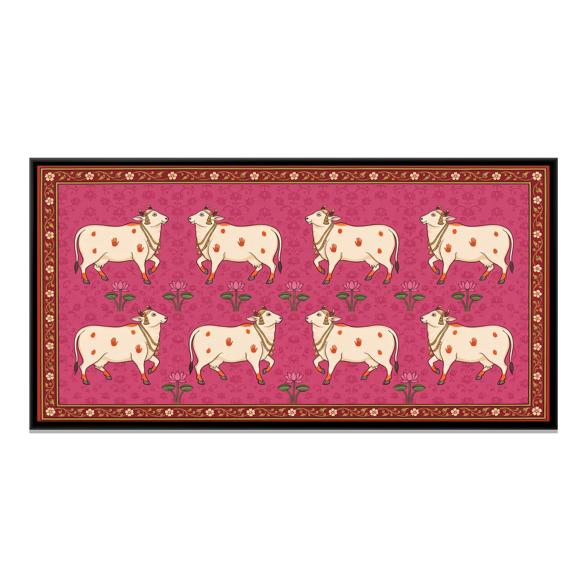 Rows of Cows with Lotus - framed canvas print, front view