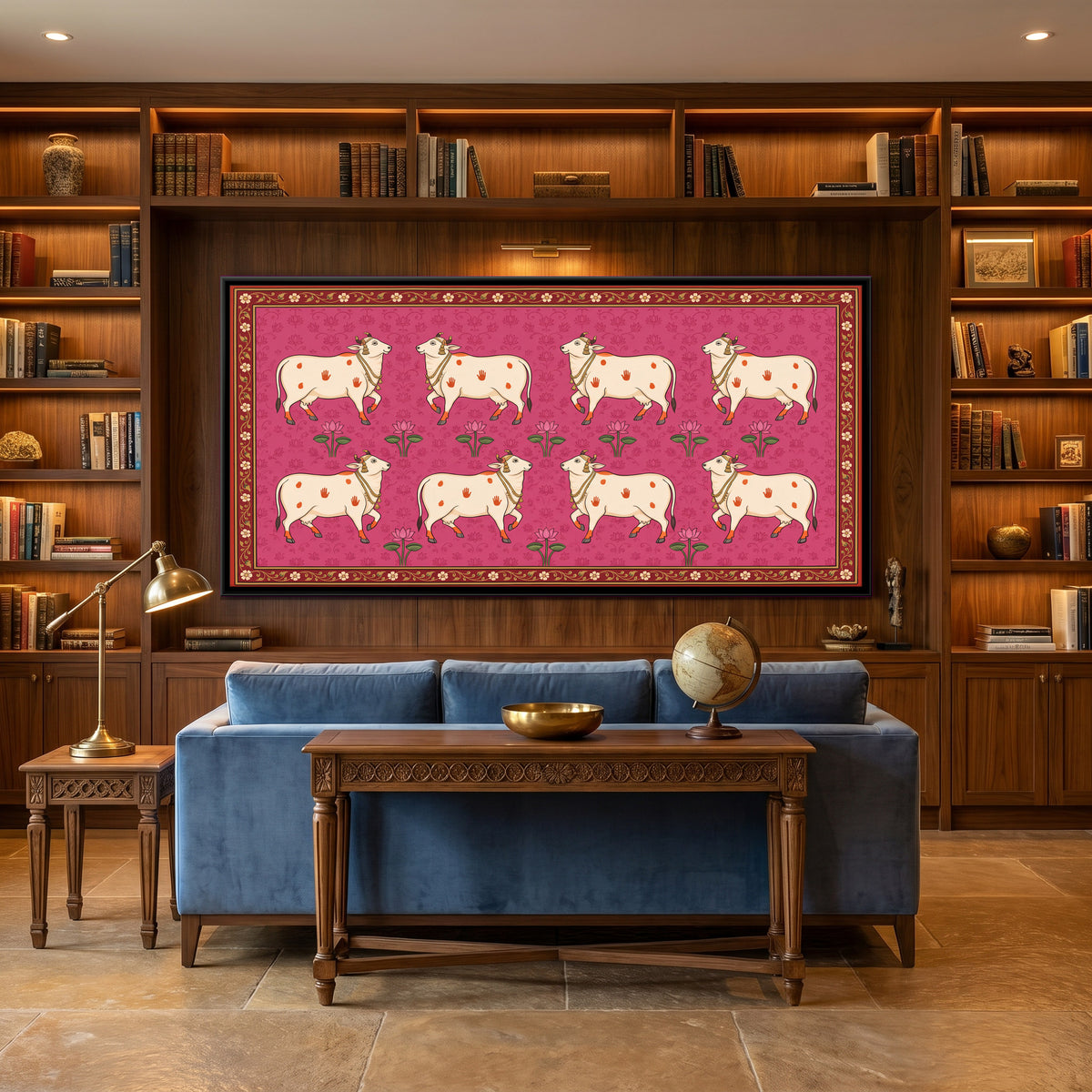 Rows of Cows with Lotus - canvas art shown in a styled room