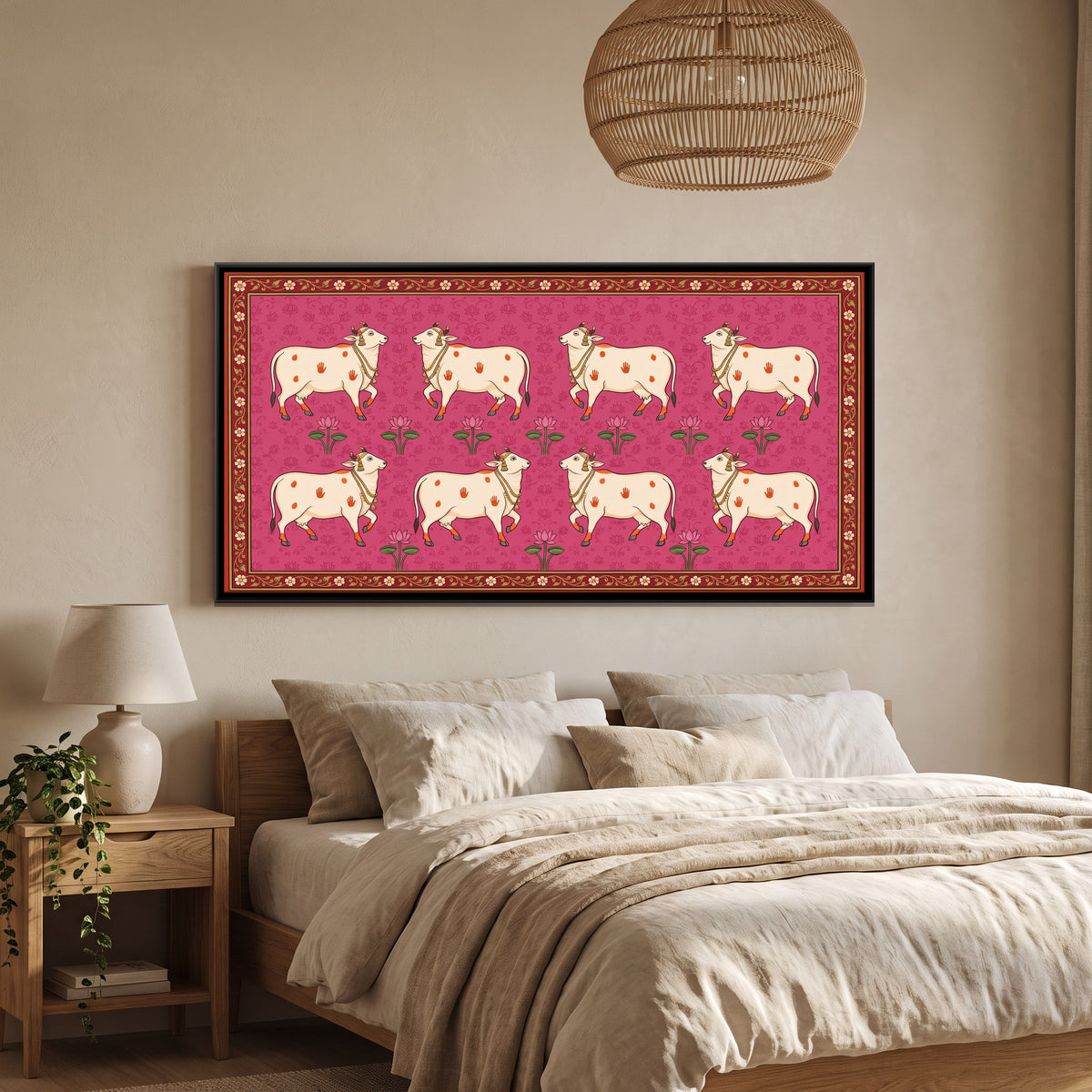 Rows of Cows with Lotus - canvas art shown in a second room setting
