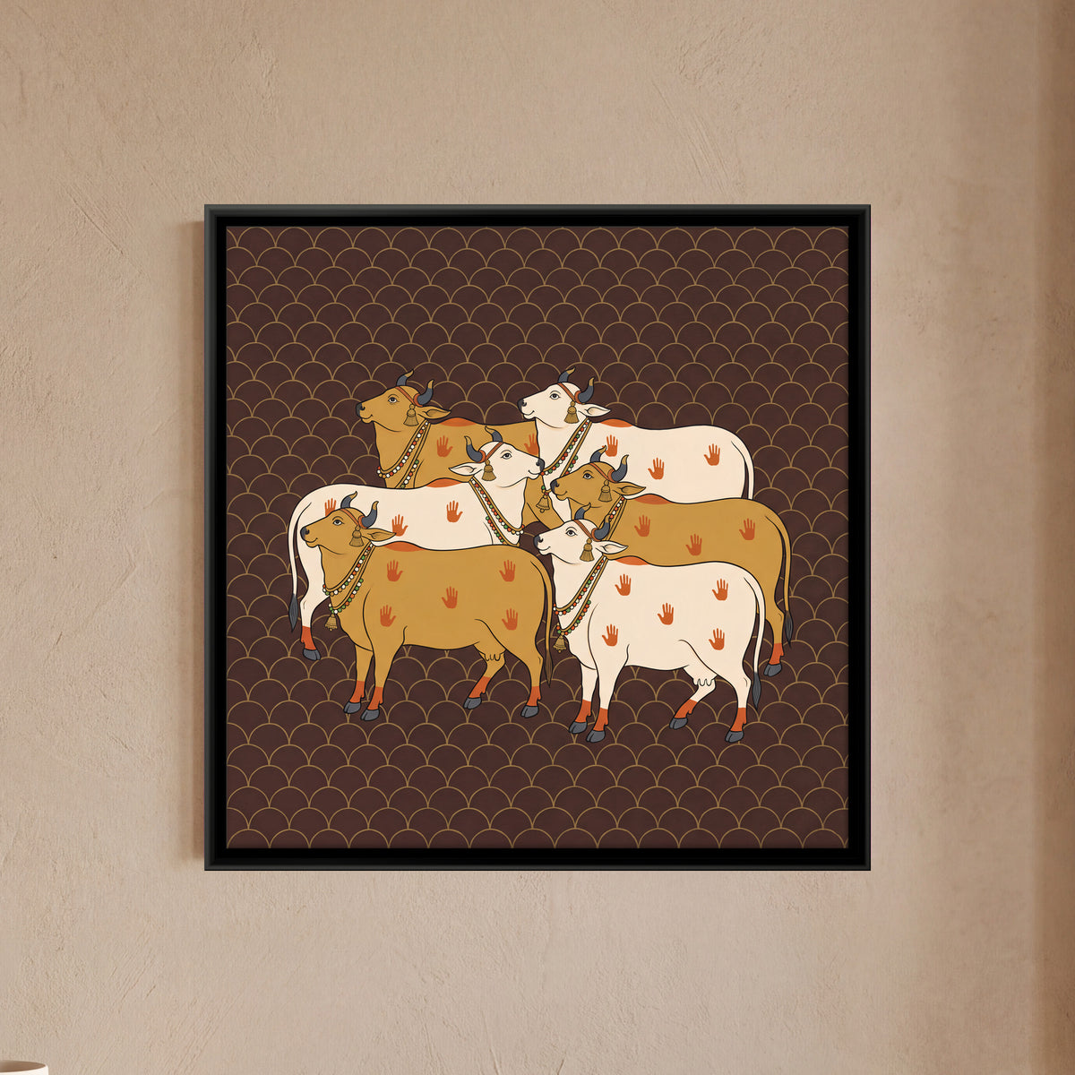 Herd of Cows - framed canvas art hung on a wall