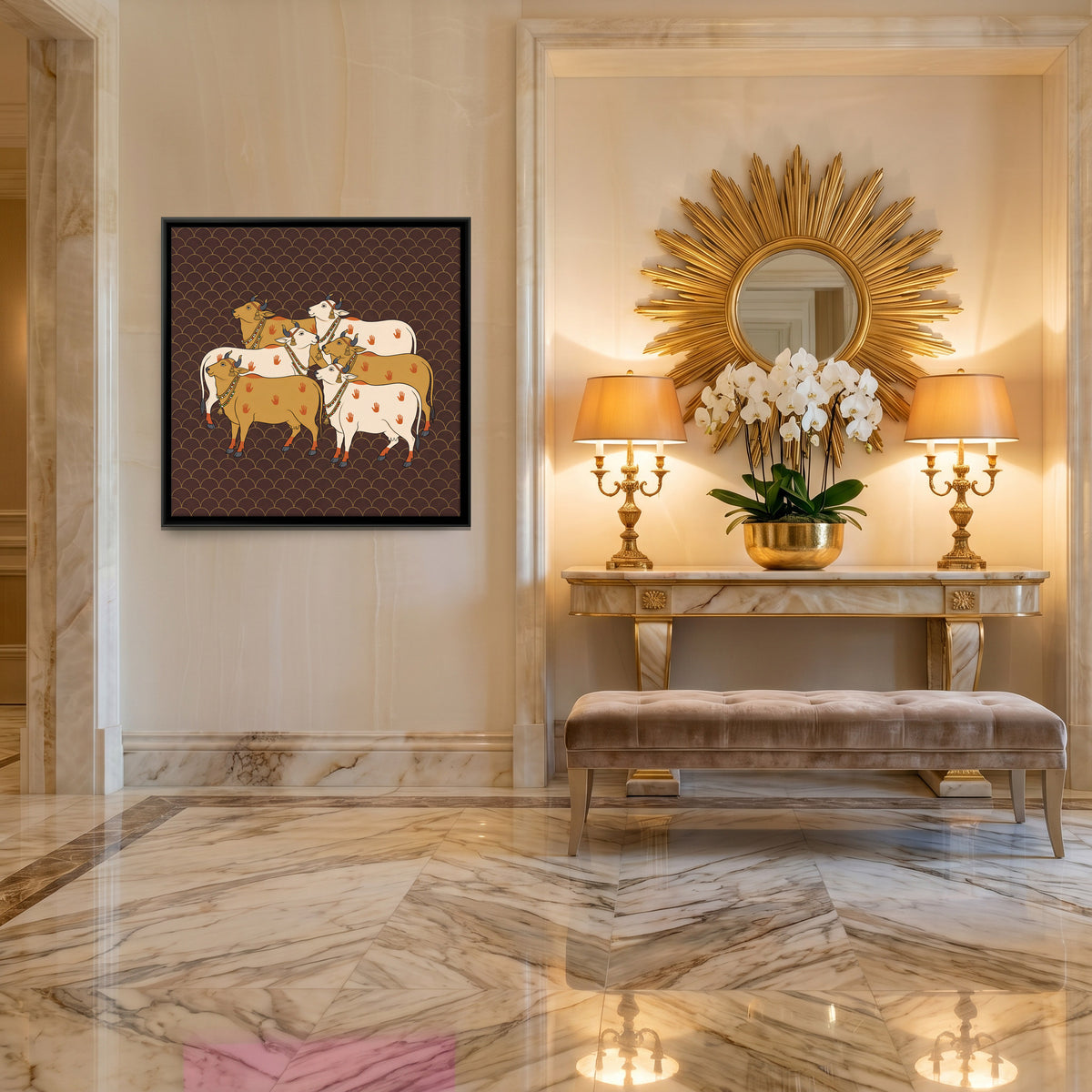 Herd of Cows - canvas art shown in a second room setting