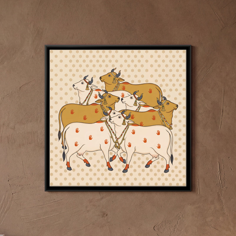 Herd of Cows - framed canvas art hung on a wall