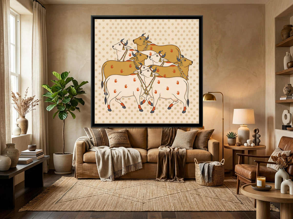 Herd of Cows - canvas art shown in a styled room