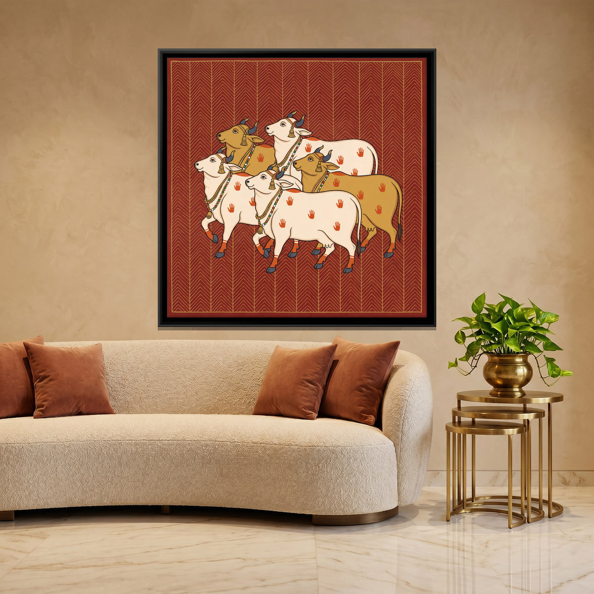Herd of Cows - canvas art shown in a styled room