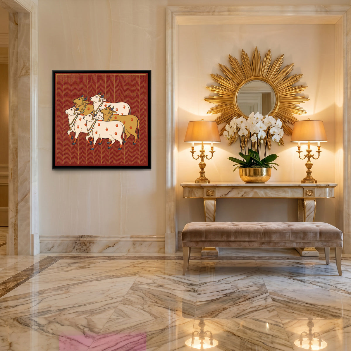 Herd of Cows - canvas art shown in a second room setting