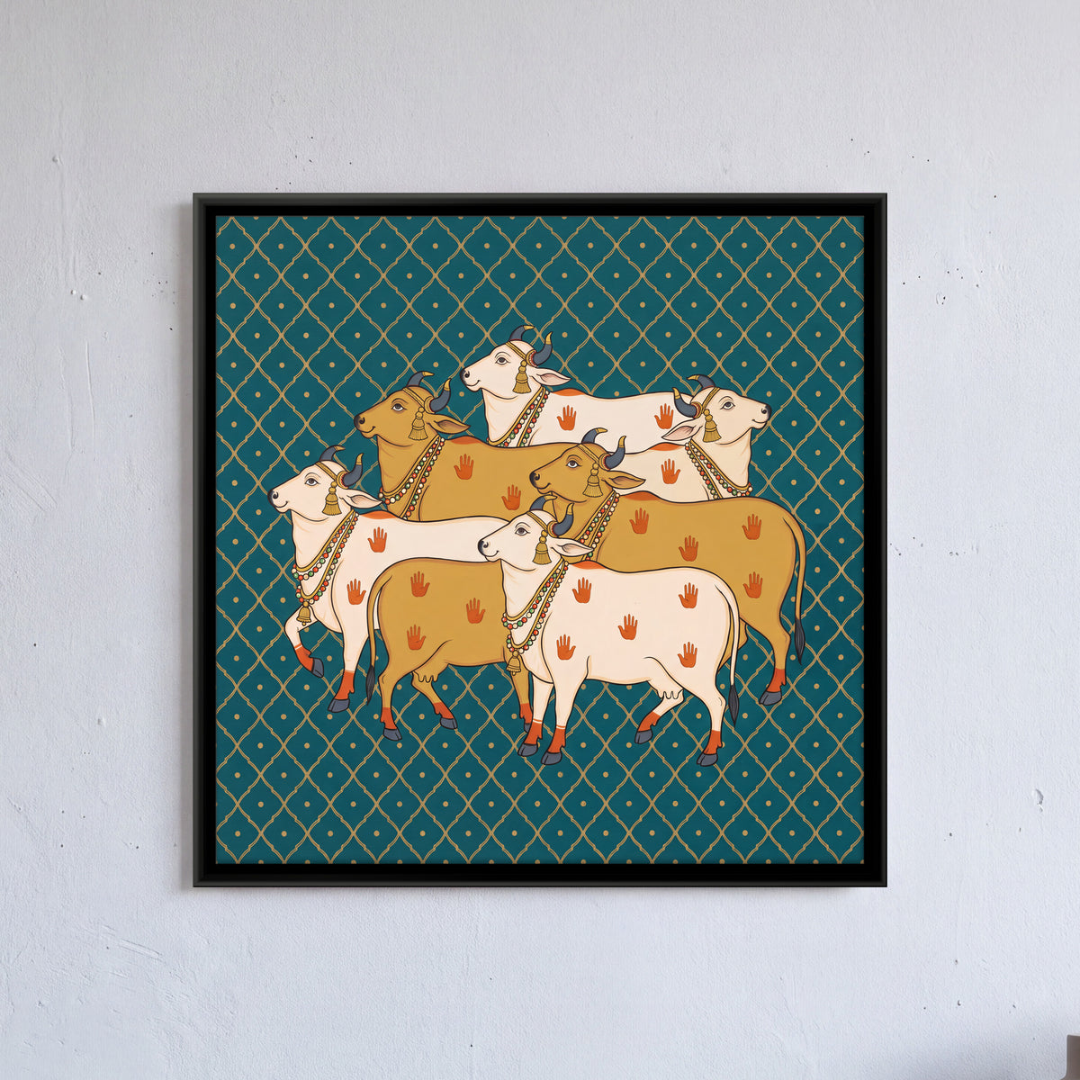 Herd of Cows - framed canvas art hung on a wall