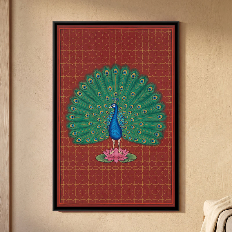 Peacock on a Lotus - framed canvas art hung on a wall