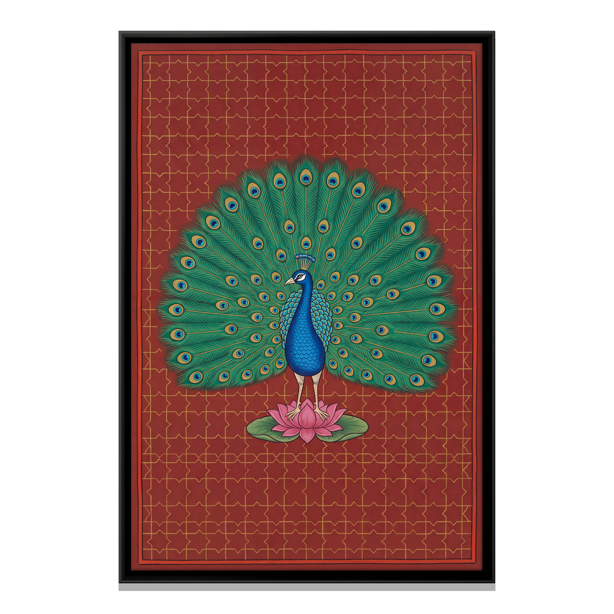 Peacock on a Lotus - framed canvas print, front view