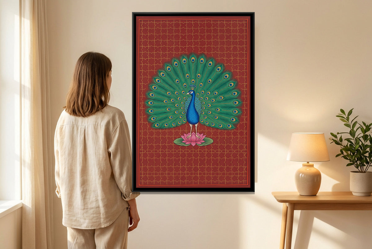 Peacock on a Lotus - canvas art shown in a styled room