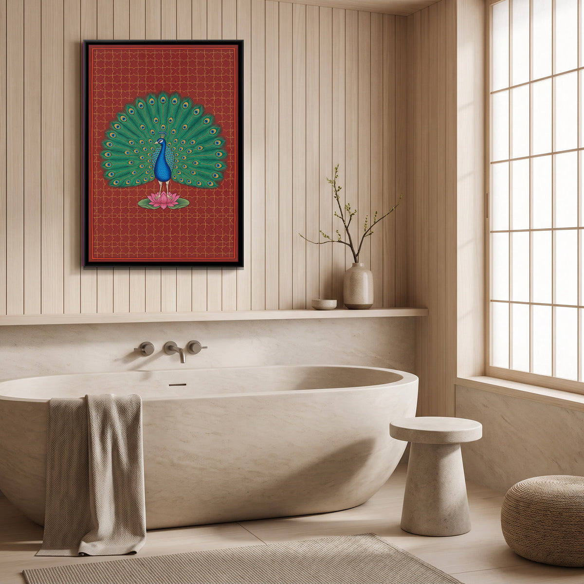 Peacock on a Lotus - canvas art shown in a second room setting