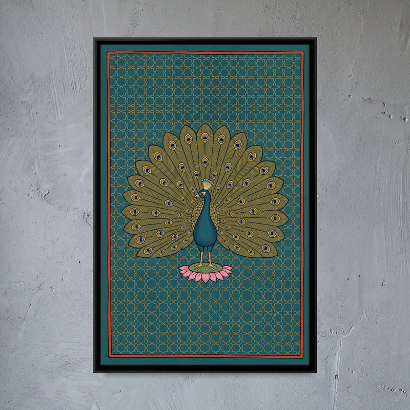 Peacock on a Lotus - framed canvas art hung on a wall