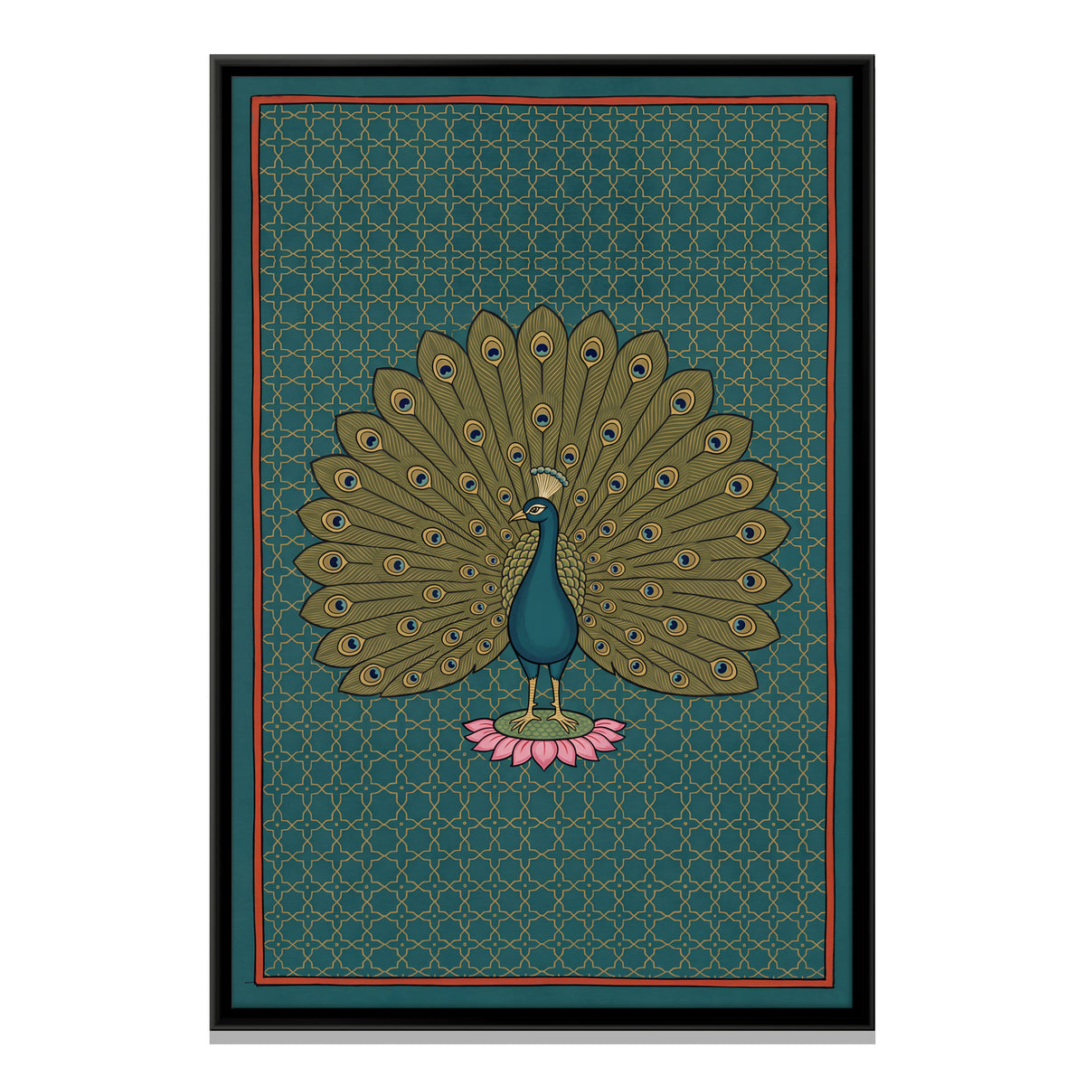 Peacock on a Lotus - framed canvas print, front view