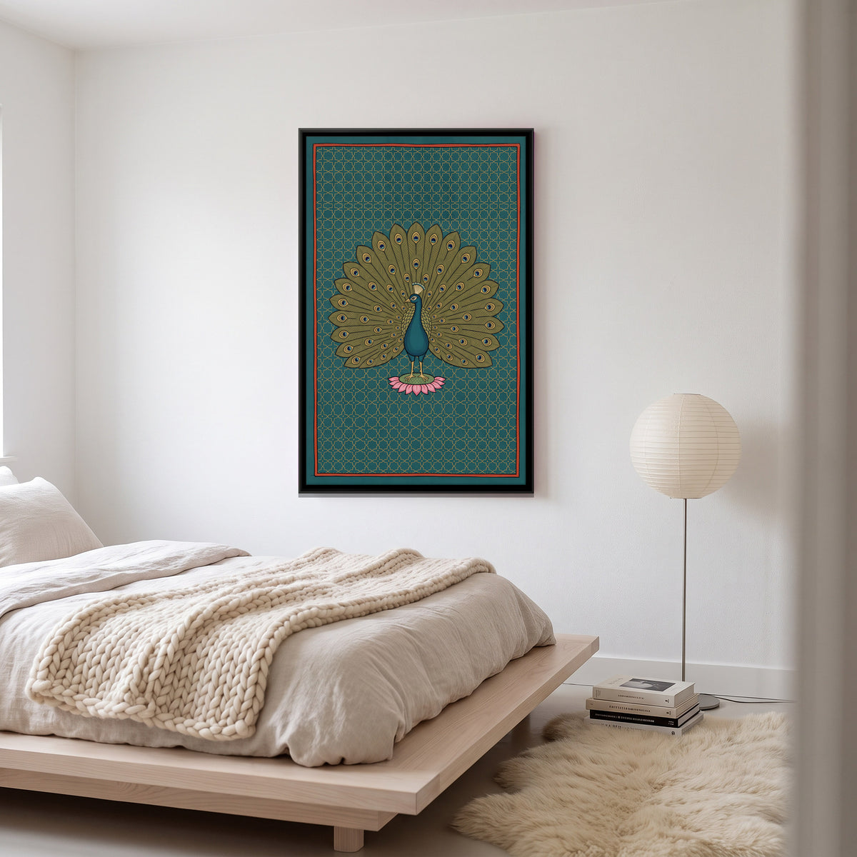 Peacock on a Lotus - canvas art shown in a styled room